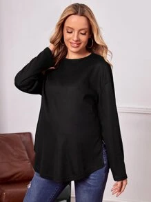 SHEIN 孕婦落肩袖羅紋針織T恤 - 黑色 - 查看 4