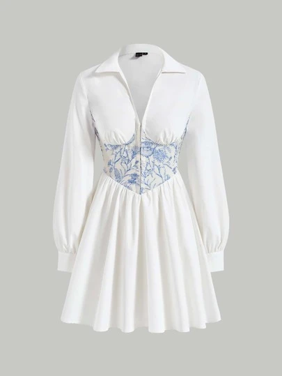 SHEIN MOD 印花燈籠袖腰封連衣裙