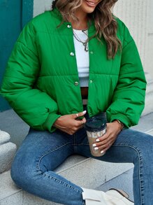 Abrigo de invierno con hombros caídos, cuello de béisbol y acolchado - Verde - Ver 1