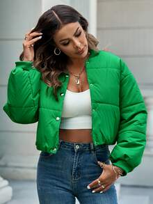 Abrigo de invierno con hombros caídos, cuello de béisbol y acolchado - Verde - Ver 4