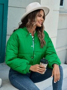 Abrigo de invierno con hombros caídos, cuello de béisbol y acolchado - Verde - Ver 7