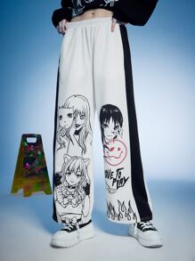 Anime Figure Graphic Colorblock Sweatpants - Black and White - View 1