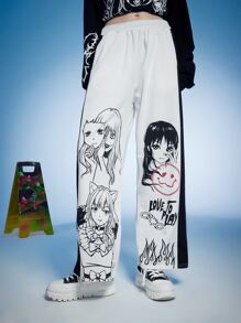 Anime Figure Graphic Colorblock Sweatpants - Black and White - View 2