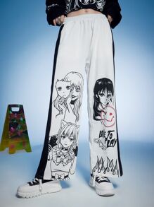 Anime Figure Graphic Colorblock Sweatpants - Black and White - View 4
