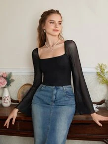 SHEIN MOD Solid Square Neck Mesh Trumpet Sleeves Tee - Black - View 3