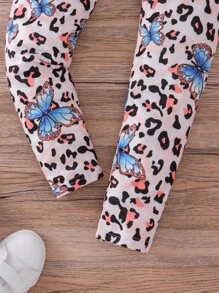 SHEIN 女孩蝴蝶和豹紋印花緊身打底褲 - 彩色 - 查看 5