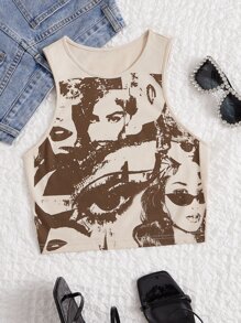 SHEIN EZwear Áo hai dây Con số Giải trí - Màu be - Xem 2
