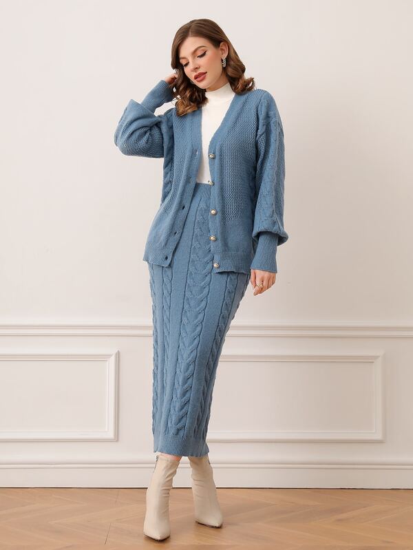 Modelyn Cable Knit Lantern Sleeve Cardigan & Knit Skirt 2 Piece Set