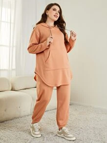 Mulvari Plus Drop Shoulder Curved Hem Drawstring Hoodie & Joggers - Coral Orange - View 1