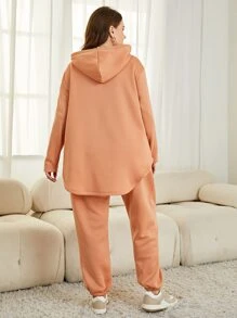 Mulvari Plus Drop Shoulder Curved Hem Drawstring Hoodie & Joggers - Coral Orange - View 2