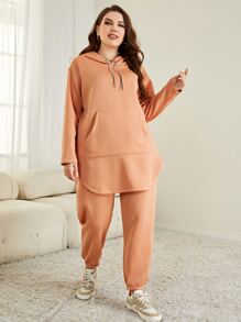 Mulvari Plus Drop Shoulder Curved Hem Drawstring Hoodie & Joggers - Coral Orange - View 3