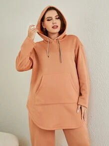 Mulvari Plus Drop Shoulder Curved Hem Drawstring Hoodie & Joggers - Coral Orange - View 7