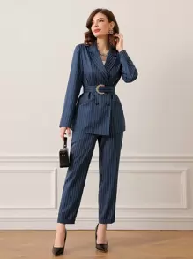 Mulvari Striped Print Belted Blazer & Trousers - Navy Blue - View 1