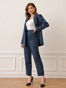 Mulvari Striped Print Belted Blazer & Trousers - Navy Blue - View 3