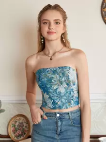 SHEIN MOD Top bandeau con estampado floral con cremallera trasera