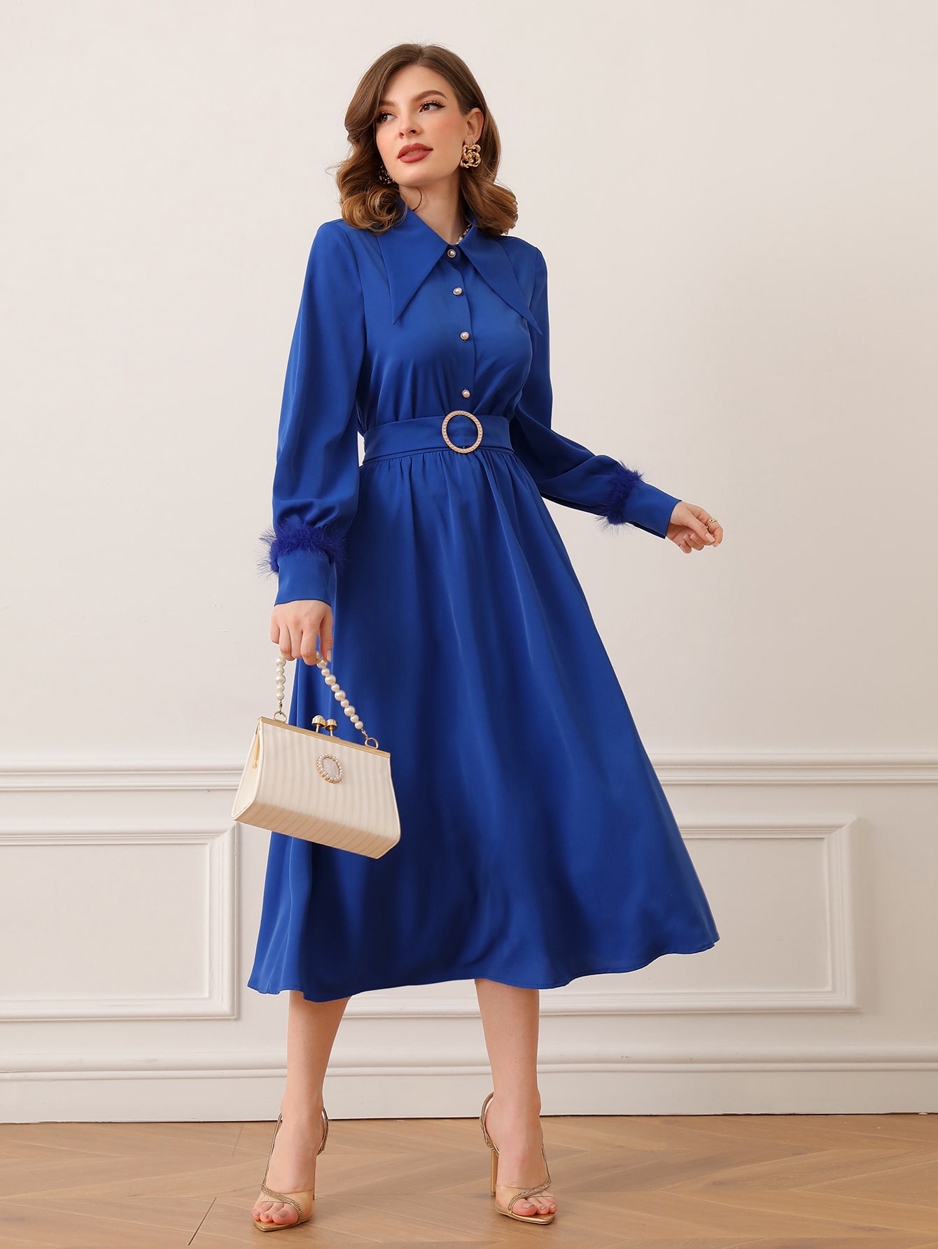 SHEIN Modely Solid Fuzzy Cuff Chelsea Collar Shirt & Belted Skirt SHEIN USA