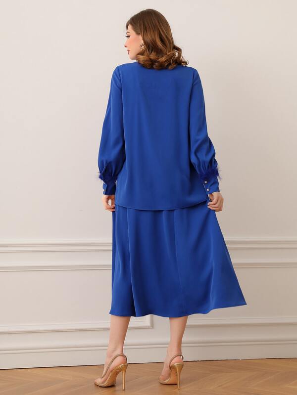 SHEIN Modely Solid Fuzzy Cuff Chelsea Collar Shirt & Belted Skirt SHEIN USA