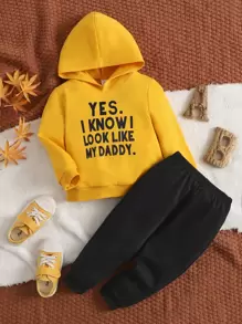 SHEIN Baby Boy Slogan Graphic Hoodie & Sweatpants - Yellow - View 1