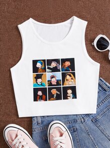 SHEIN EZwear 人像圖案短款背心 - 白色 - 查看 1