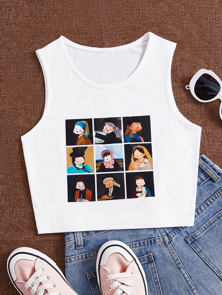 SHEIN EZwear 人像圖案短款背心 - 白色 - 查看 1