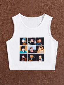 SHEIN EZwear 人像圖案短款背心 - 白色 - 查看 4
