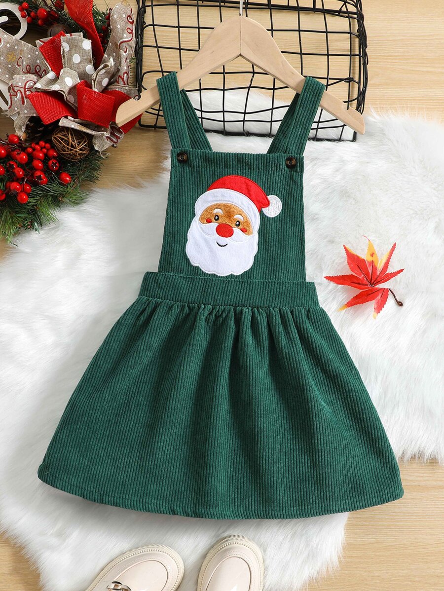 小女童聖誕刺繡燈芯絨背帶洋裝