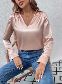 SHEIN Privé Blusa unicolor de satén - Rosa Pálido - Ver 3