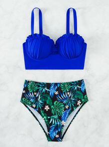 Tropical Print Frill Trim Push Up High Waisted Bikini Set Summer Beach - Multicolor - View 3