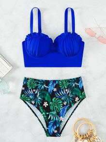 Tropical Print Frill Trim Push Up High Waisted Bikini Set Summer Beach - Multicolor - View 6