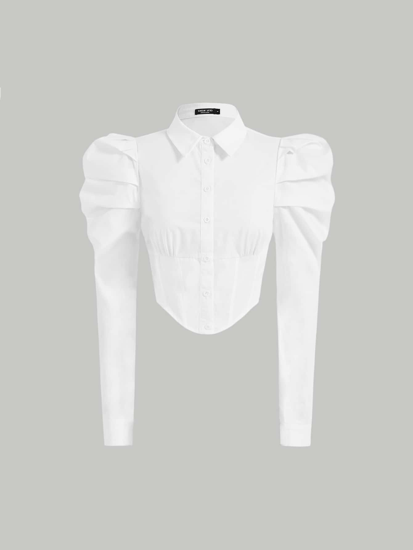 SHEIN MOD Gigot Sleeve Button Front Shirt - White - View 1