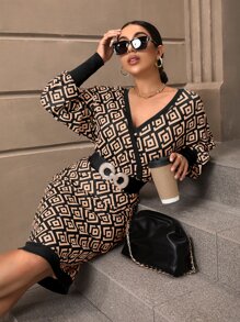 SHEIN Privé 滿版幾何圖案蝙蝠袖緊身連衣裙不附腰帶 - 彩色 - 查看 1