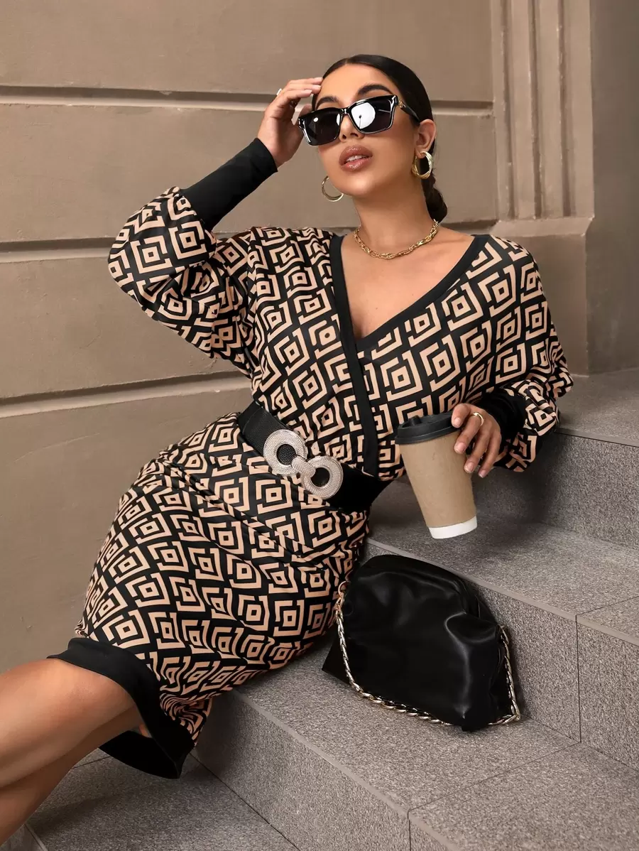 SHEIN Privé 滿版幾何圖案蝙蝠袖緊身連衣裙不附腰帶 - 彩色 - 查看 1