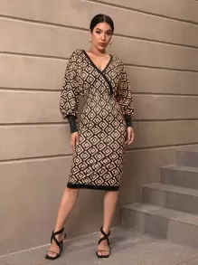 SHEIN Privé 滿版幾何圖案蝙蝠袖緊身連衣裙不附腰帶 - 彩色 - 查看 7