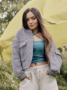 SHEIN X Calle y Poché SHEIN Essnce Houndstooth Flap Pocket Open Front Overcoat