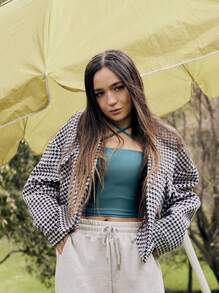 SHEIN X Calle y Poché SHEIN Essnce Houndstooth Flap Pocket Open Front Overcoat