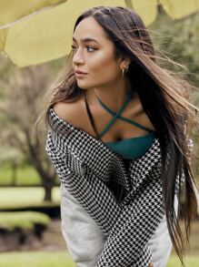 SHEIN X Calle y Poché SHEIN Essnce Houndstooth Flap Pocket Open Front Overcoat