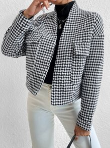 SHEIN X Calle y Poché SHEIN Essnce Houndstooth Flap Pocket Open Front Overcoat