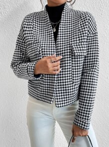 SHEIN X Calle y Poché SHEIN Essnce Houndstooth Flap Pocket Open Front Overcoat