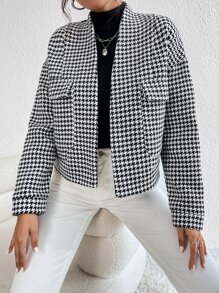 SHEIN X Calle y Poché SHEIN Essnce Houndstooth Flap Pocket Open Front Overcoat