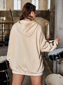 ROMWE PUNK Plus Size Cartoon & Letter Graphic Drop Shoulder Drawstring Sweatshirt - Apricot - View 2