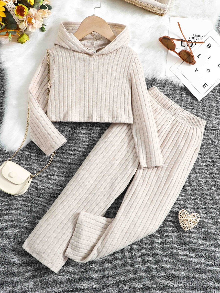 SHEIN Cô Gái Trẻ Chất rắn Áo Hoodie & Quần - Màu be - Xem 1