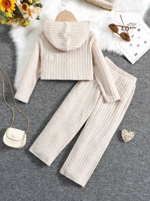 SHEIN Cô Gái Trẻ Chất rắn Áo Hoodie & Quần - Màu be - Xem 2