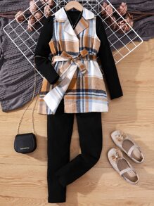 Girls Plaid Print Belted Vest Jacket & Trousers & Tee - Multicolor - View 1