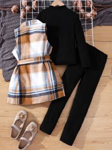 Girls Plaid Print Belted Vest Jacket & Trousers & Tee - Multicolor - View 2