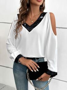 Chiquease Contrast Sequin Cold Shoulder Blouse - Black and White - View 1