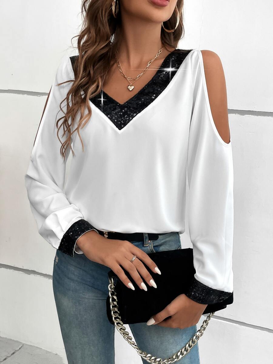 Chiquease Contrast Sequin Cold Shoulder Blouse - Black and White - View 1