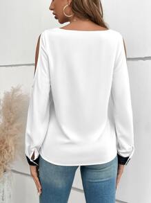 Chiquease Contrast Sequin Cold Shoulder Blouse - Black and White - View 2