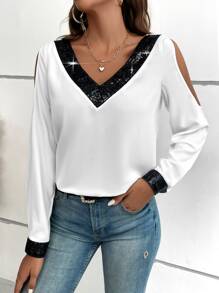 Chiquease Contrast Sequin Cold Shoulder Blouse - Black and White - View 3