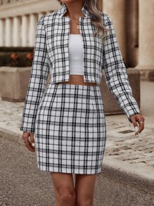 Plaid Print Crop Jacket & Skirt - Black and White - View 1