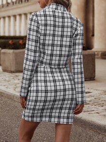 Plaid Print Crop Jacket & Skirt - Black and White - View 2